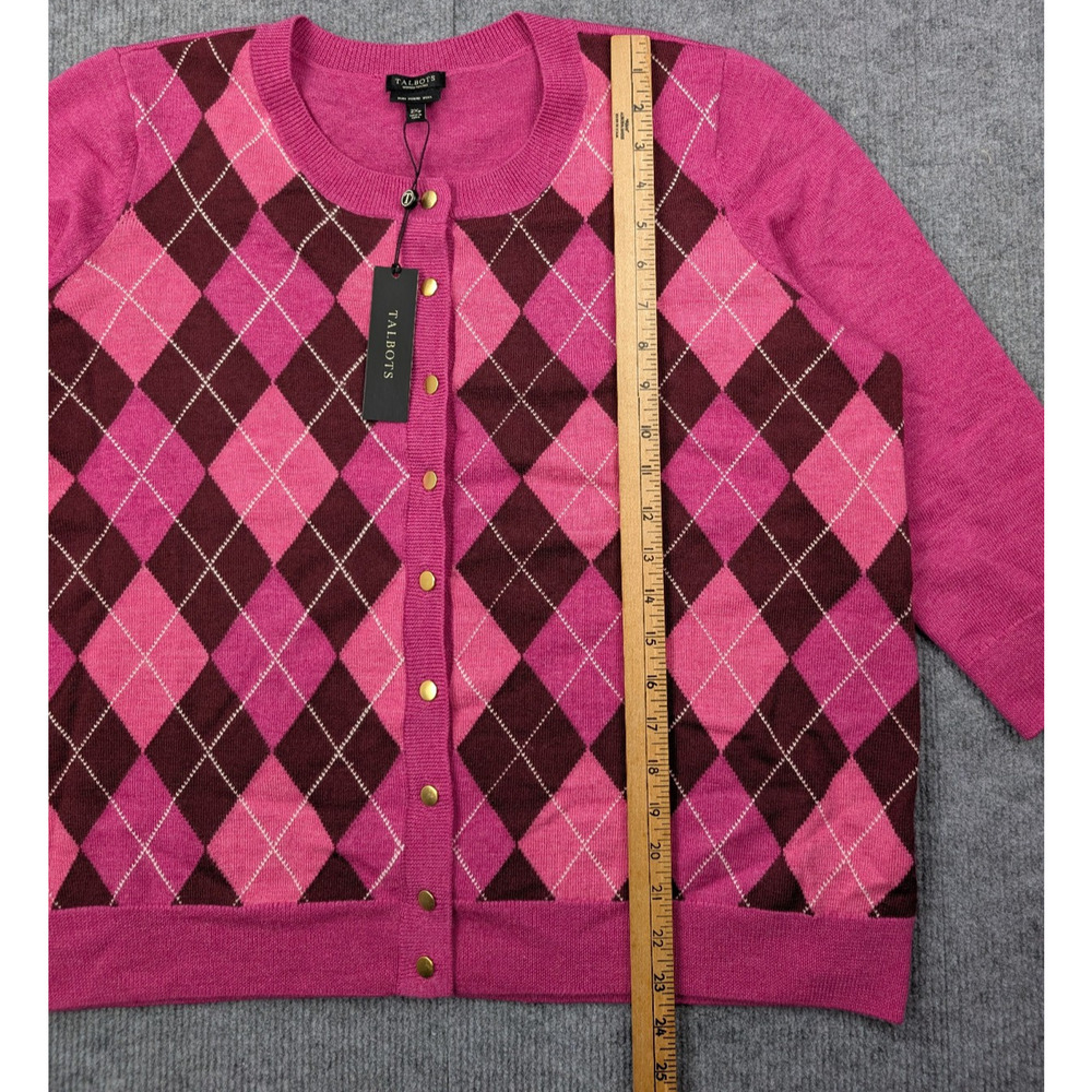 Talbots Merino Wool Cardigan Womens 2X Petite Pink Argyle Academia Preppy Layer - Picture 2 of 8